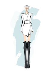 Beautiful young girl in stylish clothes. Fashion woman look. Sale concept. Hand-drawn fashion illustration. Cute girl in fashion clothes.