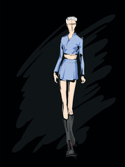 Beautiful young girl in stylish clothes. Fashion woman look. Sale concept. Hand-drawn fashion illustration. Cute girl in fashion clothes.
