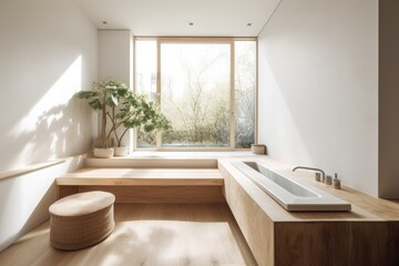 Fototapeta na wymiar White and beige minimalist bathroom with wooden tub. Window bench and cushions. Japanese interiors. Generative AI