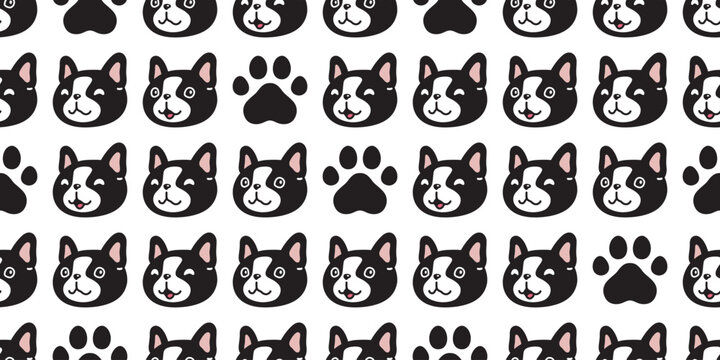 dog seamless pattern french bulldog smile pet paw footprint puppy head face bone vector cartoon gift wrapping paper tile background repeat wallpaper doodle scarf isolated illustration design