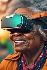 Smiling african american grandmother with virtual reality glasses. Old woman, granny, elderly grandma. Generative AI