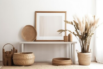 Empty horizontal picture frame on contemporary living room white wall. Boho interior mockup. Free poster picture space. Rattan basket, pampas grass, wood floor. Generative AI