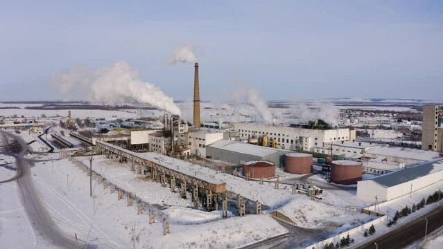 Sugar factory. Processing beets in the winter. Aero