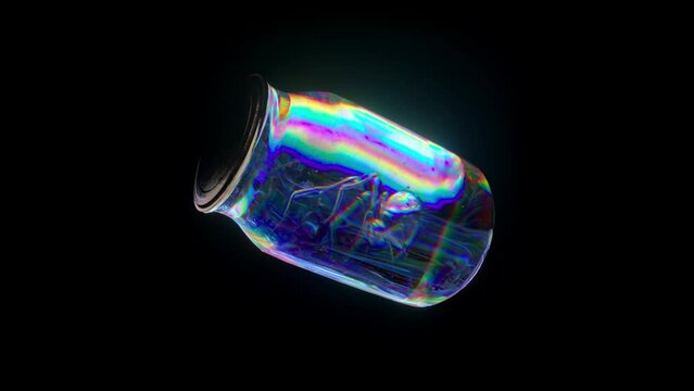 Glass jar rotates on a Black Isolated background. Diamond spider inside a jar. Blue neon color. 3D animation 