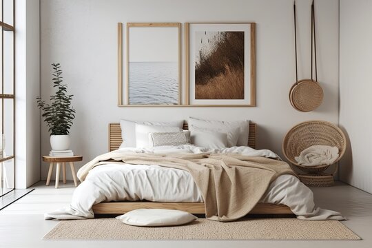 Scandinavian bedroom design, white backdrop, empty wall mockup,. Generative AI