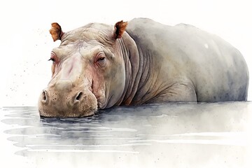 Hippopotamus portrait in watercolor style - Generative AI