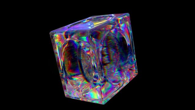  Cryptocurrency concept. Bitcoin inside a transparent glass cube. Black isolated background. Rainbow. 3d animation 