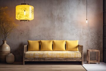 White and yellow wabi sabi living room with copy space. Pendant lit wooden and fabric couch. Japanese interiors. Generative AI