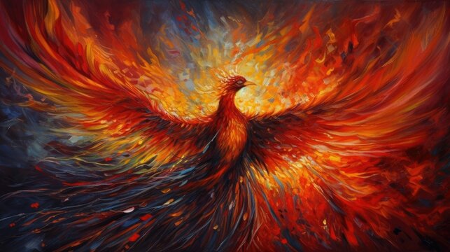 A majestic phoenix rising from the ashes of a fire. The bird is depicted in stunning detail illustrations, ai art