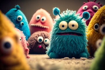 Illustration of a group of cute little felt monsters. Created with Generative AI technology.