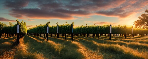Vineyards at sunset. Landscape with red wine grapes on old vine. Ideal for advertising and banner. Ai generative.