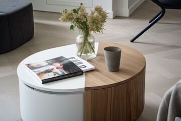 a modern coffee table with closed magazines with a uniform cover and a vase with flowers - Generative AI