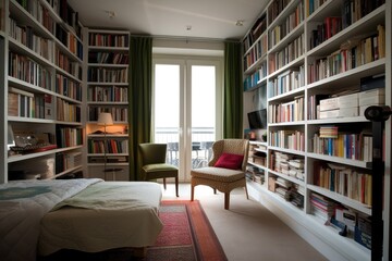 a small modern wonderful library in the guest room, contemporary style - Generative AI