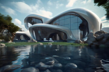 futuristic curved organic glass house next to lake, made with generative ai