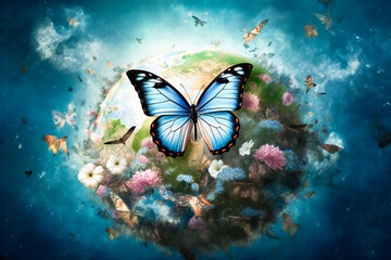 Obraz na płótnie Canvas A blue butterfly standing on planet Earth, surrounded by flowers. Peace, tranquility, serenity and nature recovering concept.Created with Generative AI technology.