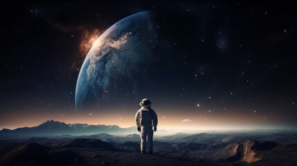 Fototapeta na wymiar Spaceman looking at the earth on the moon generative ai