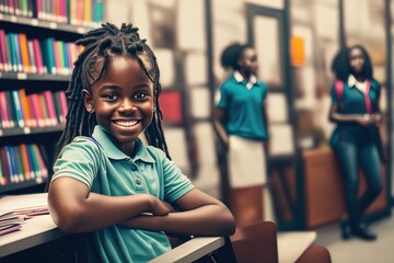 A smiling, happy and handsome young African American school girl. Black student in polo shirt in school library. generative AI. - obrazy, fototapety, plakaty