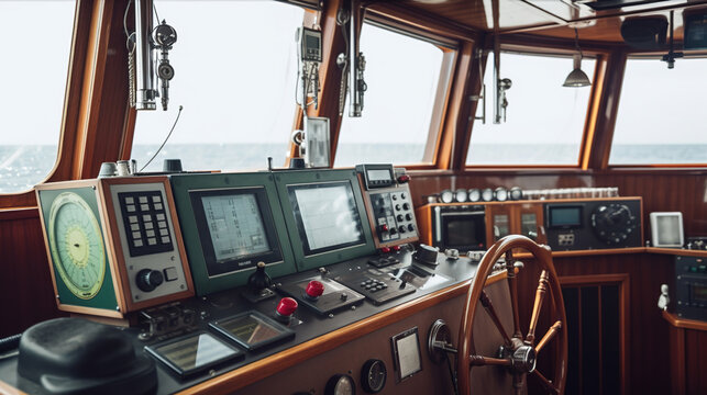 Nautical Control Panel, Private Yacht Steering Wheel and Modern Dashboard, Generative AI