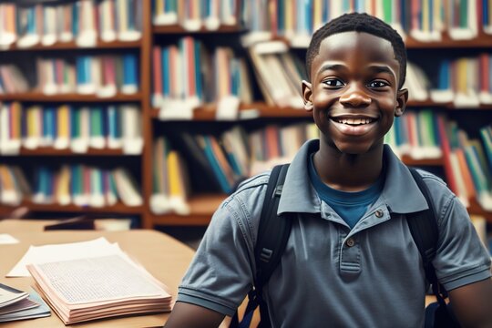 A Handsome Smiling, Happy, Young African American School Boy. Black Student Wearing a Polo Shirt With a Backpack in the School Library. Generative AI.
