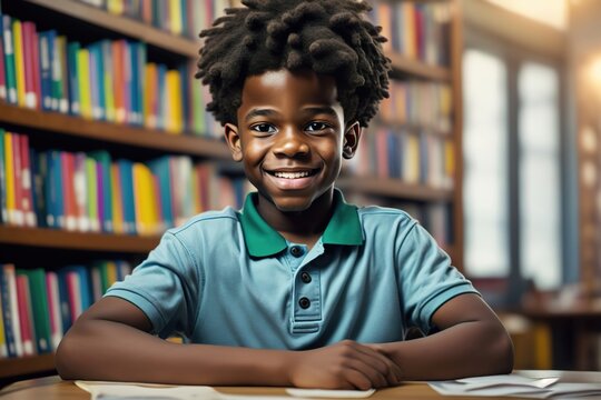 A smiling, happy and handsome young African American school boy. Black student in polo shirt in school library. generative AI.