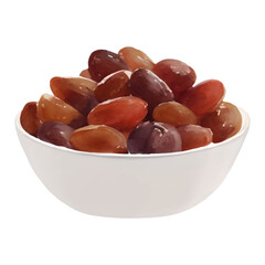 Tasty Dates Fruit on White Bowl Isolated Hand Drawn Painting Illustration