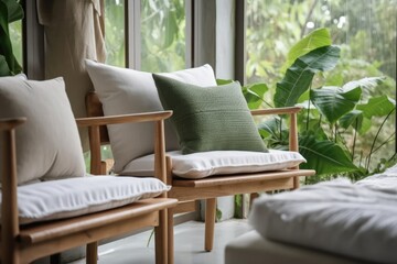 Pillows on wooden chair decorate living room with green natural landscape. Modern cafes feel like home. Beautiful fabric textured cushion. Generative AI