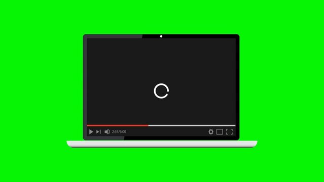 Laptop video player screen loading footage due to slow internet speed. Loading circle animation on green screen in background. Download data
