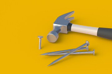 Hammer near nails on orange background. Construction concept. Home renovation. Tools for repair. 3d render