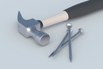 Hammer near nails on gray background. Construction concept. Home renovation. Tools for repair. 3d render