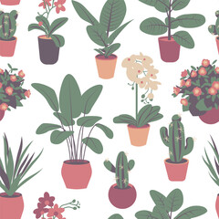 Seamless background with flowers in pots. Vector illustration for wrapper design, packaging, wallpaper. Printing on fabric and paper.