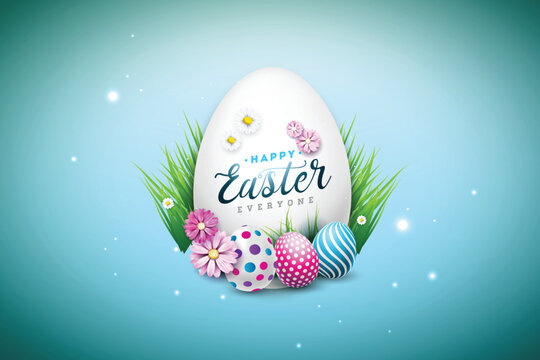 Vector happy easter illustration with colorful painted egg and spring flower