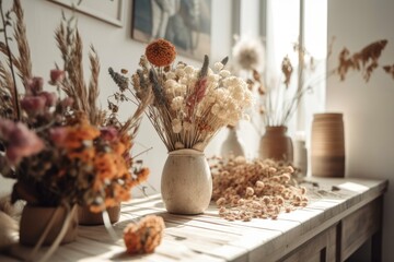 décor, light style dried flowers in the corner. bright, panoramic room. Scandinavian decor. mockup. Generative AI