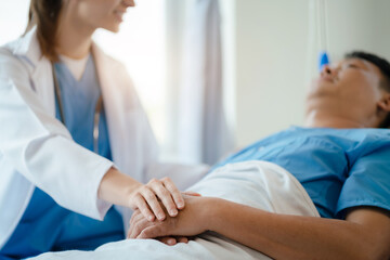 Fototapeta premium Healthcare concept of professional psychologist consulting doctor and comforting patient in psychotherapy session or health diagnosis consultation.