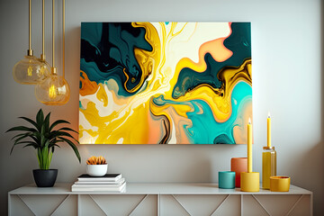 Modern art in the interior. Abstract painting in fluid art style in the interior created with Generative AI technology.