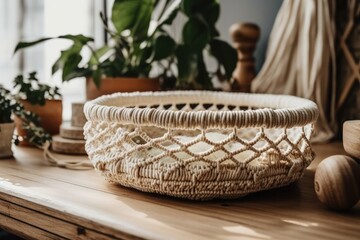 Fototapeta premium Minimalistic boho decor with design, handmade macrame shelf planter hanger for indoor plants, wooden furniture, attractive accessories, rattan basket, and leaf. coziness. White. Generative AI