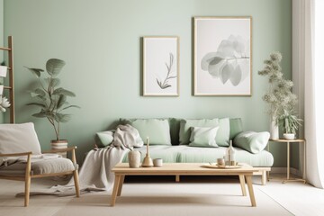 Mock up frame in pastel green room with natural wooden furnishings,. Generative AI