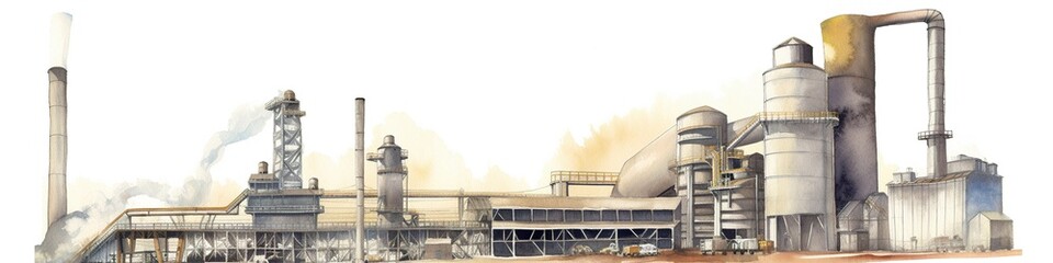 Steel production, imaginary large industrial enterprise, light and airy watercolor illustration, AI generative industrial drawing