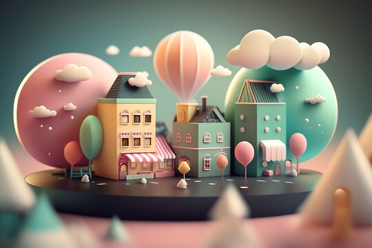 3D cute mini city, mini world, miniature city, kid style, colorful, houses, hotels, streets, clouds, hill, happy color