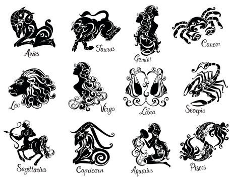 Zodiac signs icons set. Vector Zodiac astrological symbols. Hand drawn of horoscope signs. Aries, Taurus, Gemini, Cancer, Leo, Virgo, Libra, Scorpio, Sagittarius, Capricorn, Aquarius, Pisces