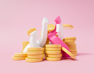 3D coin stacks with trending graph, business finance report and investment concept. red rising arrow and profit bar graph with multiple money and coins. 3d render illustration