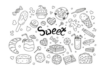 Set sweets doodle. Black and white line Vector illustration. Food Sweets, dessert, chocolate, cakes.