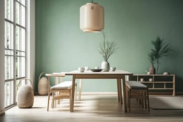 Japandi dining room with white and green minimalist wooden table. Panorama, wallpaper mockup. Minimalist interiors. Generative AI