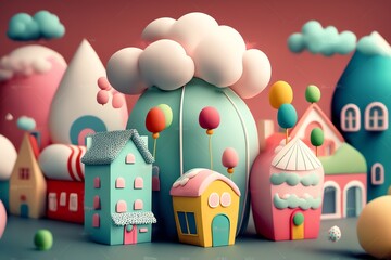 3D cute mini city, mini world, miniature city, kid style, colorful, houses, hotels, streets, clouds, hill, happy color