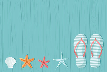 Flip flops and seastars on wooden background. Summer background with sandals on wooden backdrop , vector illustration. Template for summer offer with place for text