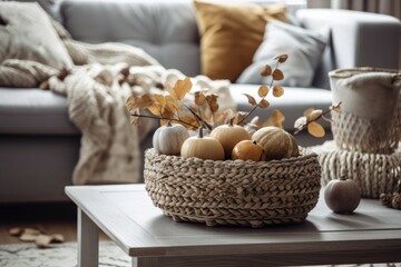 Antique white and gray living room closeup. Sofa, autumn themed rattan table. acorn and dried leaf vase. Boho chic, autumn decor,. Generative AI