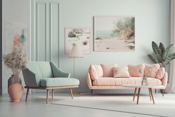 House mockup, bright pastel room, Seaside living room backdrop,. Generative AI