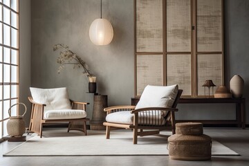 White and dark Japanese living room with copy space. Sofa and hanging chair. Wabi sabi decor,. Generative AI