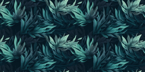 Fototapeta na wymiar Dark cyan repeating pattern background, tropical leaves, abstract art design – created with generative AI