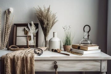 Wooden table, desk, or shelf with potted grass plant, house keys, and letters home dear home, bohemian white living room in boho style, interior design, copy space backdrop,. Generative AI