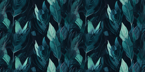 Dark cyan repeating pattern background, tropical leaves, abstract art design &ndash; created with generative AI